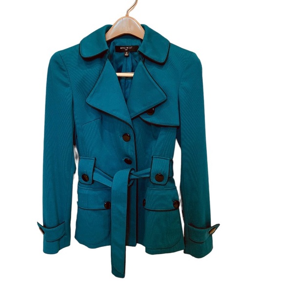 Nine West car coat jacket single breasted lined Teal Blue Size 2
